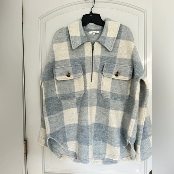 Madewell Boiled 100% Wool Half-Zip Popover Sweater Plaid Blue & White Size XS - Picture 5 of 14